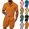 thumbnail image 1 of VBTAPA Mens 2 Piece Outfits Short Sleeve Button Down Cuban Shirts and Shorts Set Lightweight Textured Beach Tracksuits Blue XXXL, 1 of 8