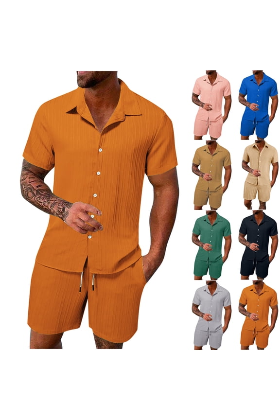 Mens 2 Piece Outfits Short Sleeve Button Down Cuban Shirts and Shorts Set Lightweight Textured Beach Tracksuits Blue XXXL