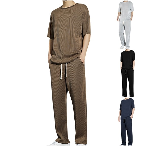 VBTAPA Mens 2 Piece Outfits Short Sleeve T Shirts and Pants Lounge Set Summer Casual Tracksuits Blue L