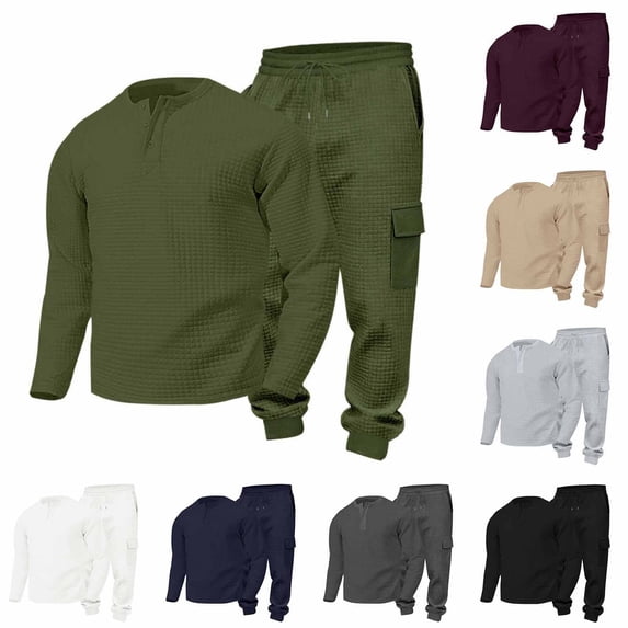 VBTAPA Mens 2 Piece Outfits Waffle Knit Henley Shirts and Cargo Jogger Pants Set Casual Athletic Fitness Jogging Tracksuit Set Gray L