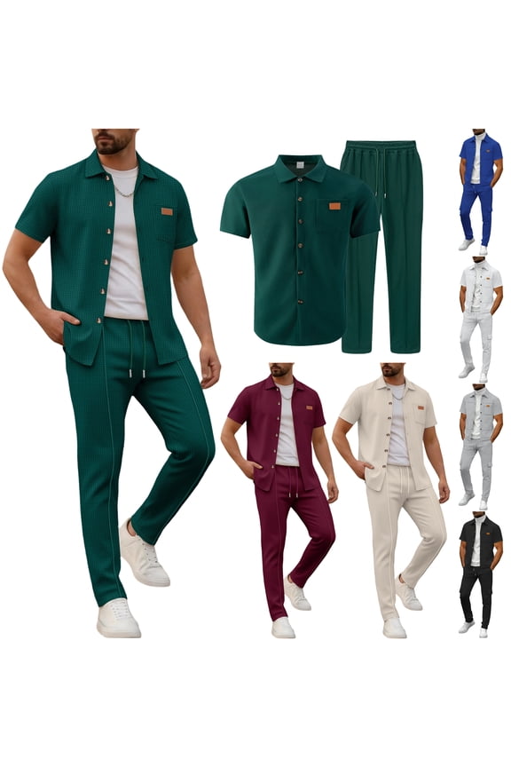 Mens 2 Piece Sets Waffle Knit Button Down Shirt Jacket and Drawstring Waist Pant Sets Summer Beach Vacation Outfits Army Green XXXL