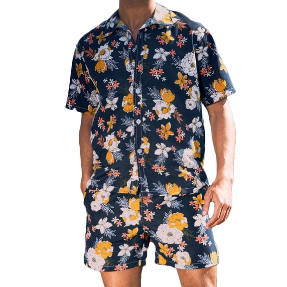 VBTAPA Mens 2 Piece Summer Beach Outfits Funky Hawaiian Matching Set Funny Banana Printed Short Sleeve Button Down Shirt and Drawstring Waist Shorts Set with Pockets Blue XXL