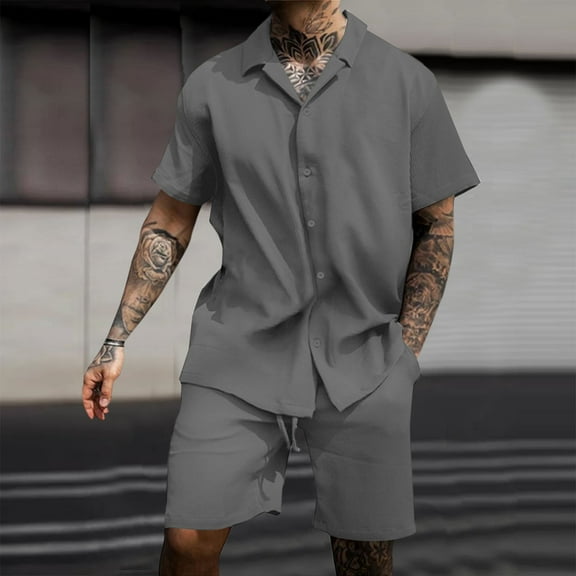 VBTAPA Mens 2 Piece Summer Outfits Corduroy Shirt and Shorts Set Short Sleeve Button Down Beach Vacation Matching Sets Baggy Comfy Lounge Set Gray XXL