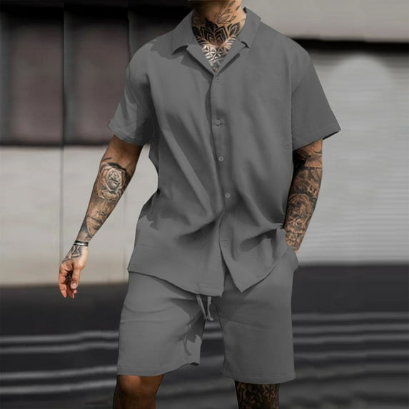 VBTAPA Mens 2 Piece Summer Outfits Corduroy Shirt and Shorts Set Short Sleeve Button Down Beach Vacation Matching Sets Baggy Comfy Lounge Set Gray XXL