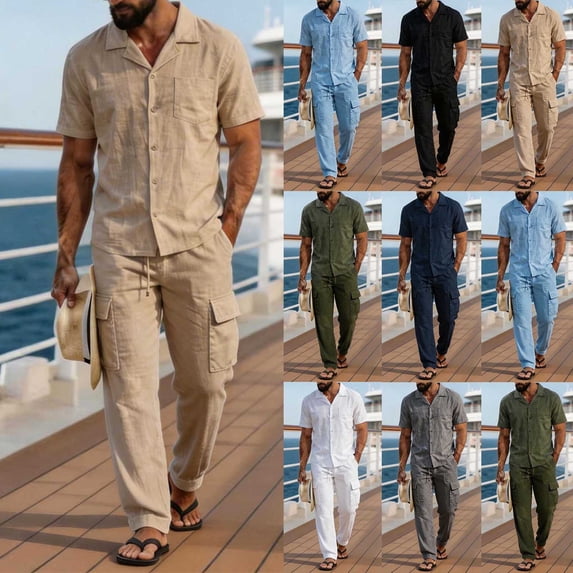 VBTAPA Mens 2 Piece Summer Outfits Cotton Linen Lounge Set Short Sleeve Button Down Shirt and Cargo Pant Sets Army Green L