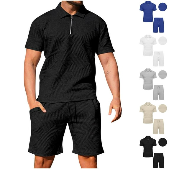 VBTAPA Mens 2 Piece Summer Outfits Quarter Zip Short Sleeve Golf Shirt and Drawstring Waist Shorts Set Casual Beach Vacation Sets with Pockets White M