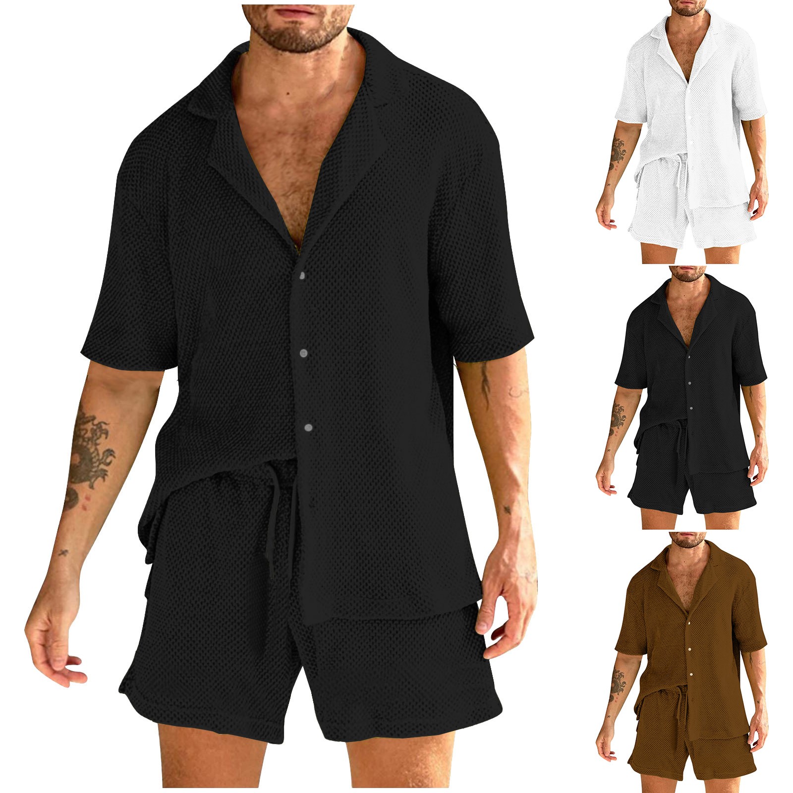 VBTAPA Mens 2 Piece Summer Outfits Solid Textured Shirt and Shorts Set Beach Resort Wear Yoga Tracksuit Sets Prime Sale Black XXL