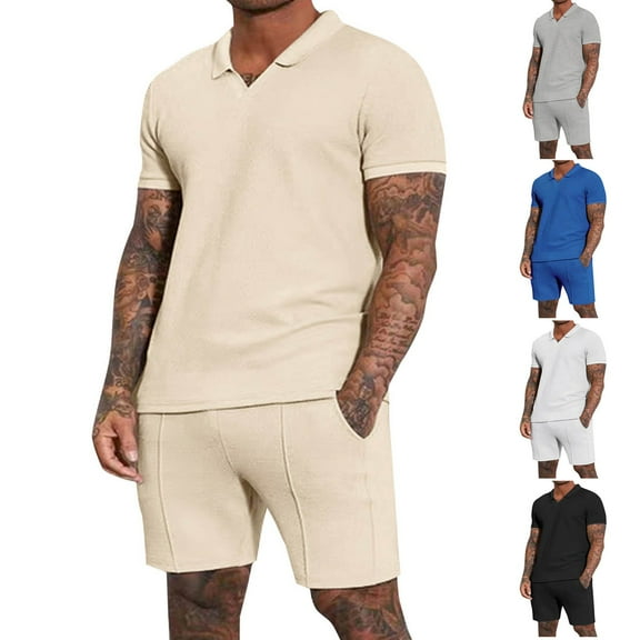 VBTAPA Mens 2 Piece Summer Outfits Waffle Knit V Neck Lapel Shirt and Shorts Set Solid Casual Track Suit with Pockets Lightning Sales of Today White XXXL