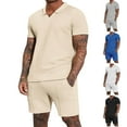 thumbnail image 1 of VBTAPA Mens 2 Piece Summer Outfits Waffle Knit V Neck Lapel Shirt and Shorts Set Solid Casual Track Suit with Pockets Sales of The Day Gray L, 1 of 7