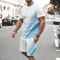 VBTAPA Mens 2 Pieces Sweatsuit Set Fashion 3D Print Short Sleeve Crewneck Tee Top and Drawstring Shorts Sets Big and Tall Casual Tracksuit Light Blue L