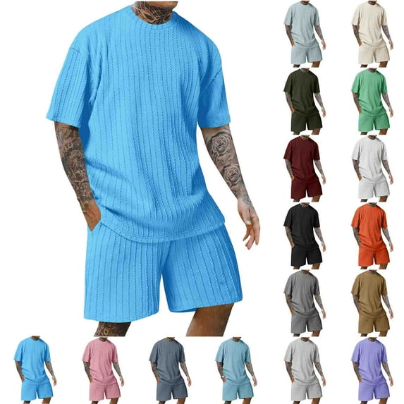 VBTAPA Mens Summer 2 Piece Outfits Solid Color Knitting Cotton T Shirt and Shorts Set Loose Comfy Lounge Track Suit Sets with Pockets Beige S