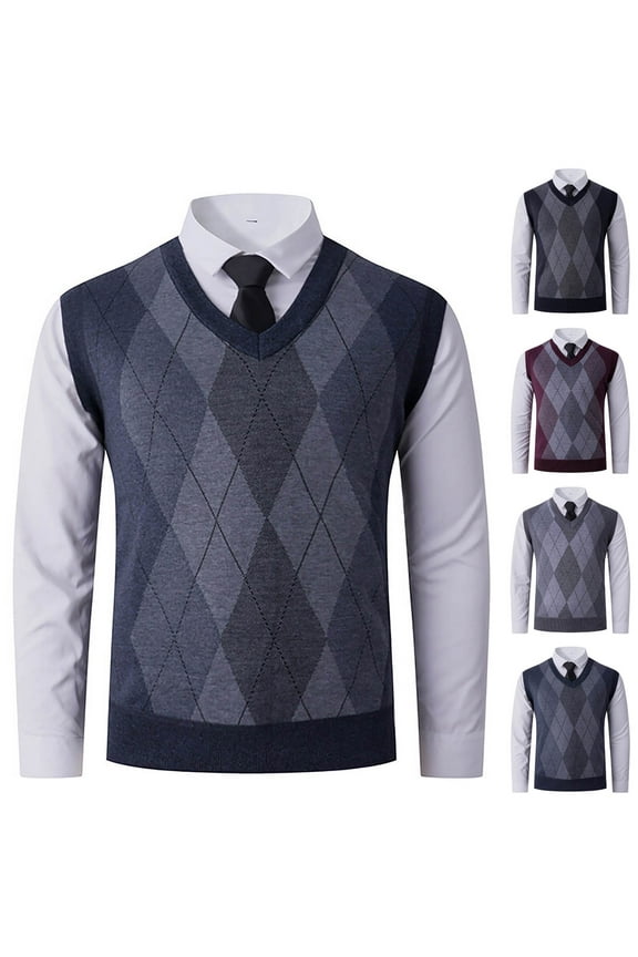 Mens Argyle Sweater Vest Knit Sleeveless Pullover Sweaters V Neck Slim Fit Casual Dress Vest Gray XXXL