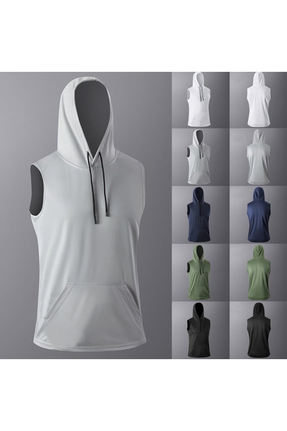 Mens Athletic Hoodies Sleeveless Hooded Tank Top Lightweight Drawstring Workout Gym Hoodie with Kangaroo Pocket Black XL