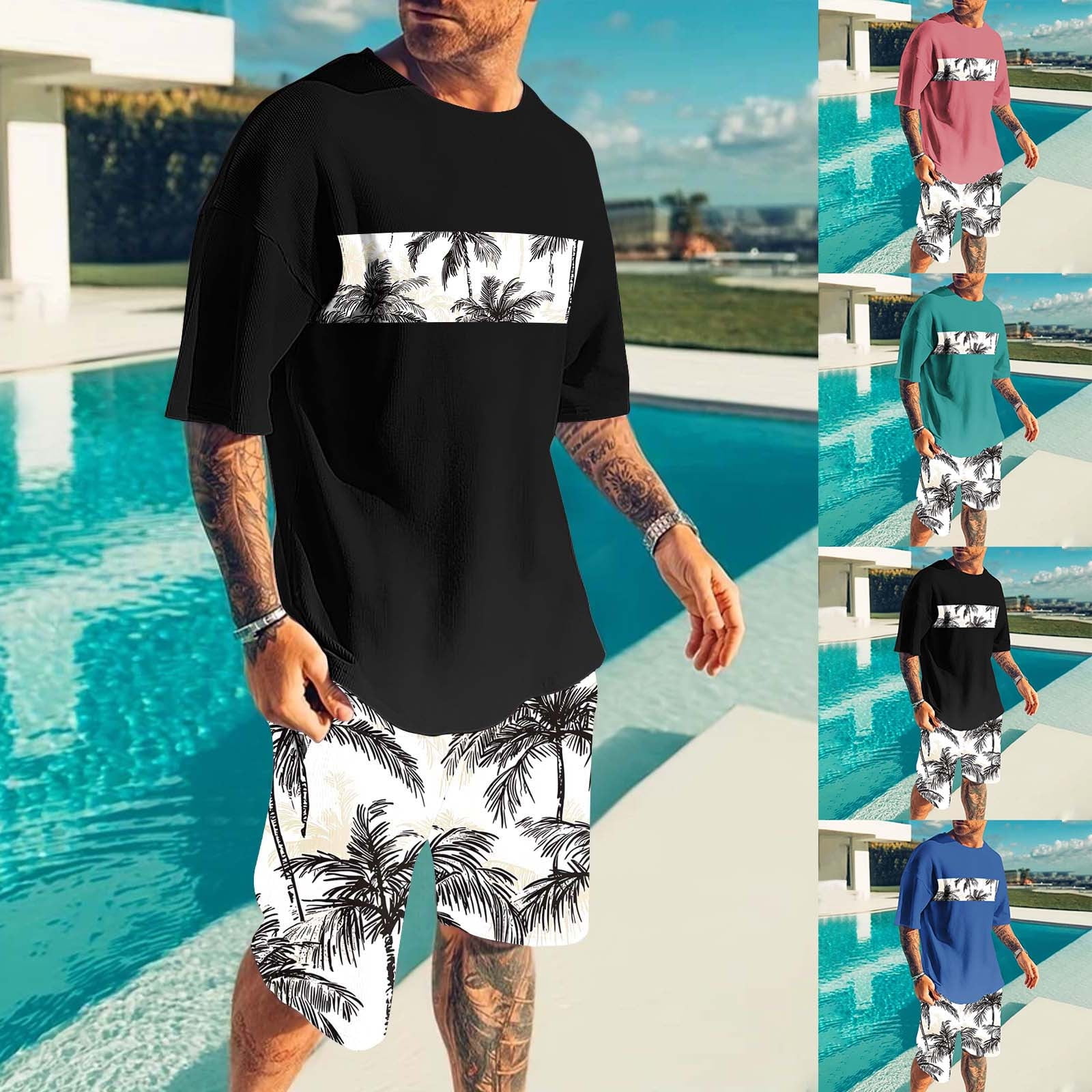 VBTAPA Mens Beach Short Sets 2 Piece Outfits Tropical Summer Casual T Shirts and Shorts Tracksuit Set with Pockets Flash Sales Black L