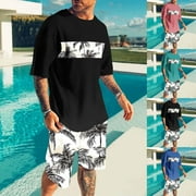 VBTAPA Mens Beach Short Sets 2 Piece Outfits Tropical Summer Casual T Shirts and Shorts Tracksuit Set with Pockets Black L