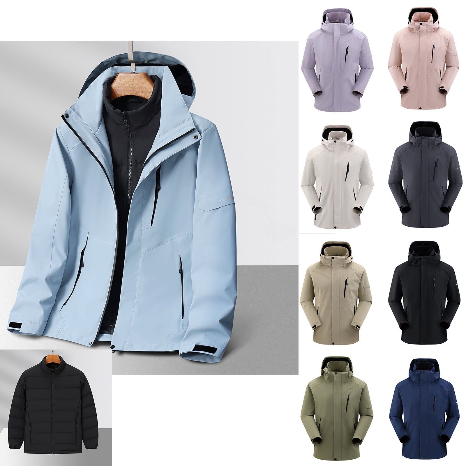 VBTAPA Mens Big and Tall 3 in 1 Rain Jackets Lightweight Waterproof Hooded Windbreaker Jacket Outdoor Windproof Raincoat with Removable Puffer Lining and Hood Todays Daily Deals Purple XXL Walmart