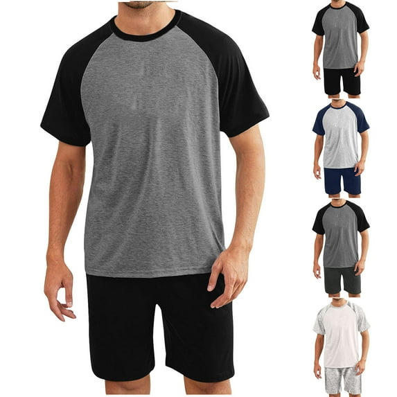VBTAPA Mens Big and Tall Pajama Set Raglan Short Sleeve Crewneck T-shirt and Shorts Sets Ultra Soft Modal Loungewear Set 2 PCS Pj Set with Pockets Prime Big Deal Days Dark Gray XXXL