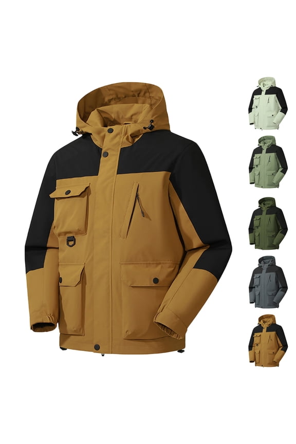 Mens Big and Tall Rain Jacket Lightweight Waterproof Windbreaker Outdoor Hiking Raincoat Color Block Casual Travel Jacket with Multi Pockets Brown M