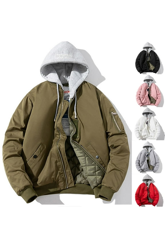 Mens Bomber Rain Jacket 2024 Winter Casual Quilted Jacket Windproof Padded Jackets Long Sleeve Zip Up Hoodie Coats with Detachable Hood Back to College Sale White S