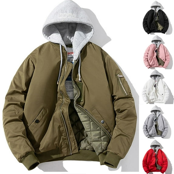 VBTAPA Mens Bomber Rain Jacket 2024 Winter Casual Quilted Jacket Windproof Padded Jackets Long Sleeve Zip Up Hoodie Coats with Detachable Hood Deal of The Day Pink S
