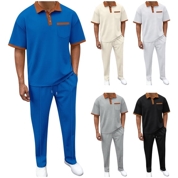 VBTAPA Mens Business Casual 2 Piece Outfits Waffle Knit Polo Shirts and Pants Set Short Sleeve Golf Track Suit with Pockets Limited Time Sales Black XXXL