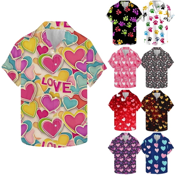 VBTAPA Mens Button Down Valentines Day Shirt Big and Tall Lapel Button Up Shirts Love Heart Print Short Sleeve Tops Mint Red XXXL