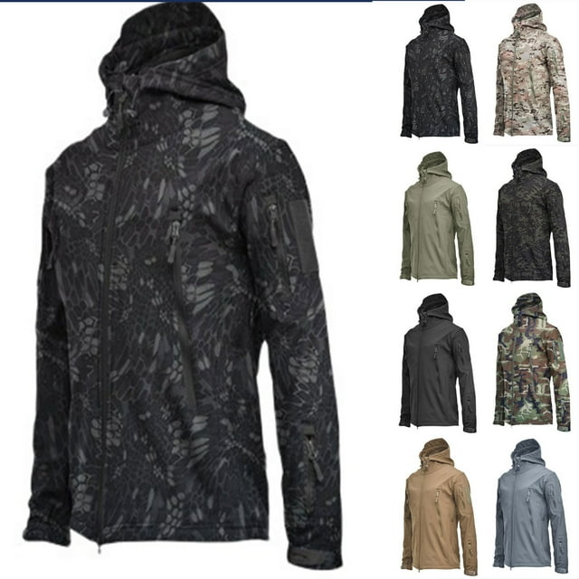 VBTAPA Mens Camo Rain Jacket Waterproof Windbreaker Jackets Military Tactical Jacket Outdoor Lightweight Hooded Raincoat with Multiple Pockets Lightning Deals Black XL