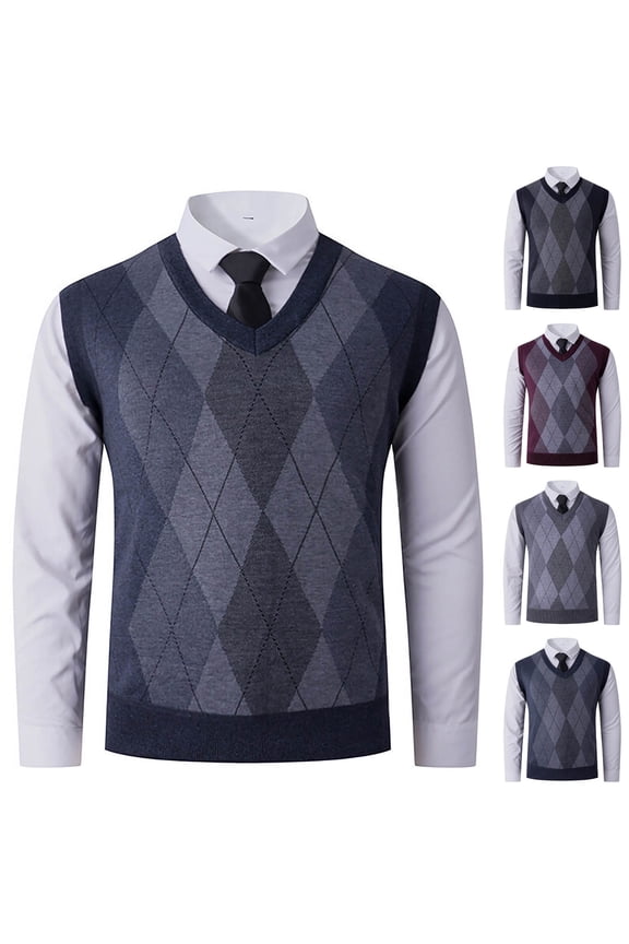 Mens Casual Argyle Sweater Vest V-Neck Sleeveless Pullover Sweaters Soft Comfy Knitwear Vests Red L
