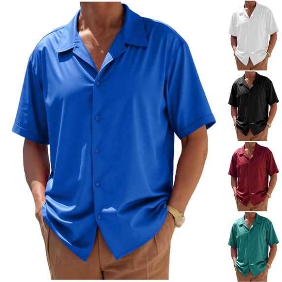 VBTAPA Mens Casual Dress Shirts Regular Fit Short Sleeve Button Down Shirts Wrinkle Free Summer Shirt Blue L