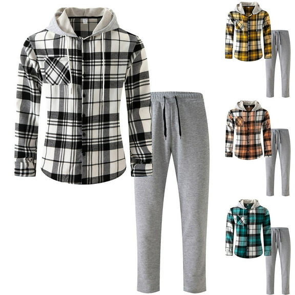 VBTAPA Mens Casual Outfits 2 Piece Hoodie Tracksuit Long Sleeve Button Down Plaid Shacket with Drawstring Waist Pants Matching Sets Fall Winter Stylish Sweatsuit Prime Sales Today White XXXL