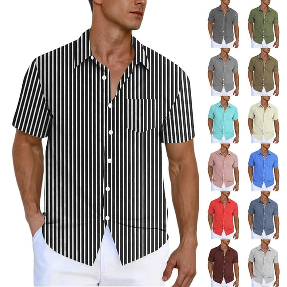 VBTAPA Mens Casual Shirts Fashion Vertical Striped Button Down Shirt Short Sleeve Summer Beach Vacation Tops Holiday Sales Navy M