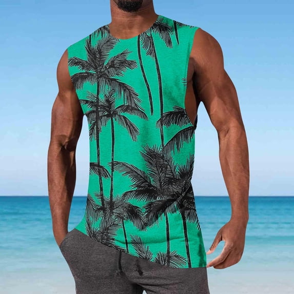 VBTAPA Mens Casual Tank Tops Palm Tree Graphic Print Sleeveless Shirt Hawaiian Summer Beach T Shirts Green S