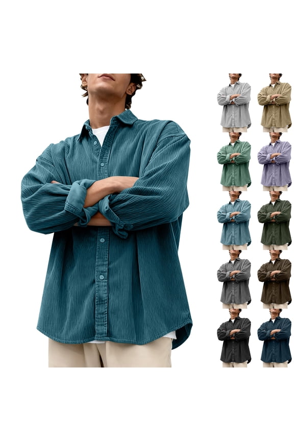 Mens Corduroy Shirts Button Down Long Sleeve Work Shirt Big and Tall Casual Dress Shirts Silver XXXXL
