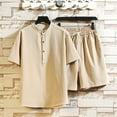 thumbnail image 1 of VBTAPA Mens Cotton Linen 2 Piece Outfits Short Sleeve Button Up Shirt and Drawstring Shorts Matching Set Casual Beach Suit Summer Yoga Outfit Khaki M, 1 of 5