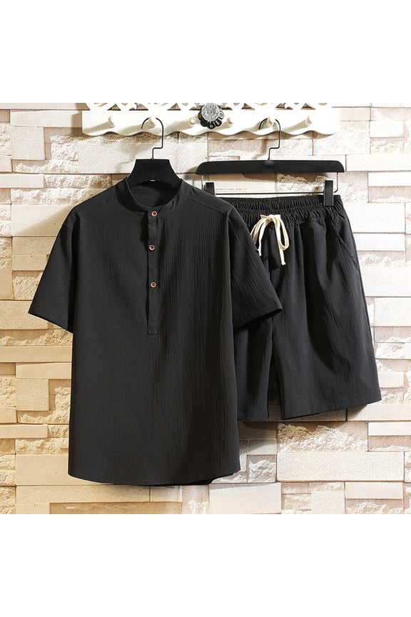 Mens Cotton Linen 2 Piece Outfits Short Sleeve Button Up Shirt and Drawstring Shorts Matching Set Casual Beach Suit Summer Yoga Outfit Black XXXXL
