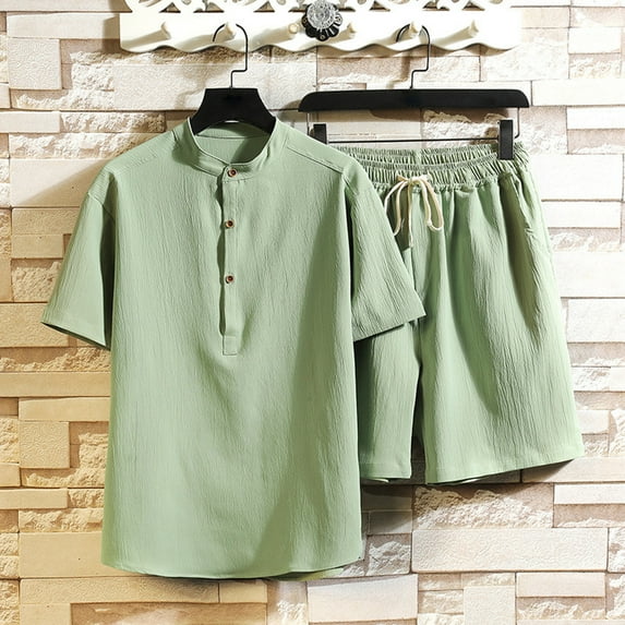 VBTAPA Mens Cotton Linen 2 Piece Outfits Short Sleeve Button Up Shirt and Drawstring Shorts Matching Set Casual Beach Suit Summer Yoga Outfit Green XXXL