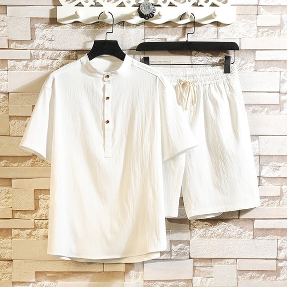 VBTAPA Mens Cotton Linen 2 Piece Outfits Short Sleeve Button Up Shirt and Drawstring Shorts Matching Set Casual Beach Suit Summer Yoga Outfit White XL