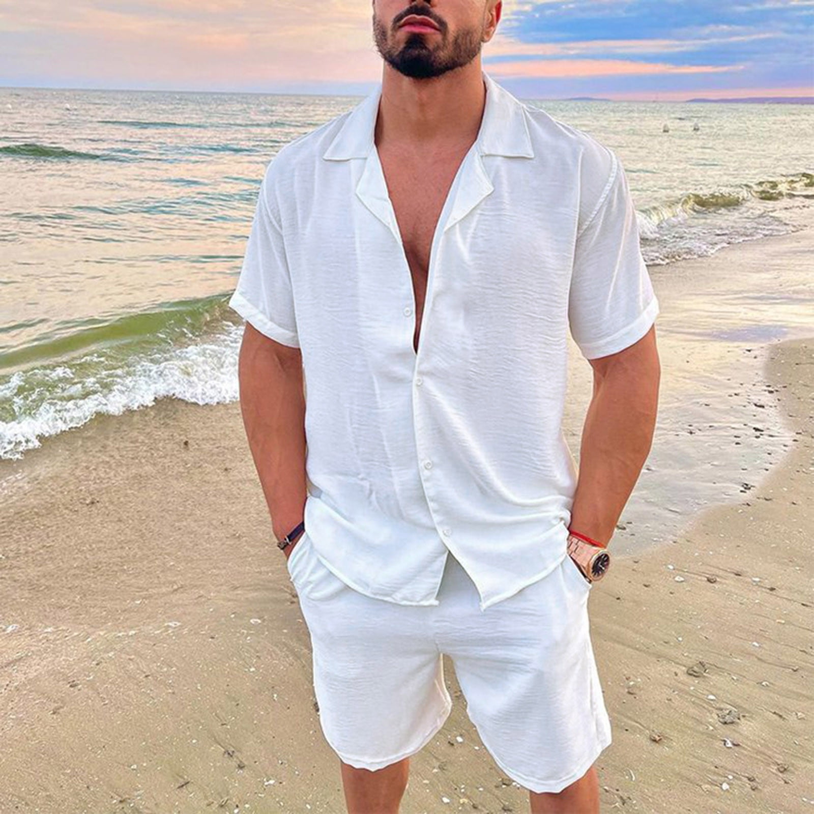 VBTAPA Mens Cotton Linen 2 Piece Outfits Short Sleeve Cuban Shirts and Shorts Set Solid Textured Casual Beach Suit Summer Vacation Matching Sets Flash