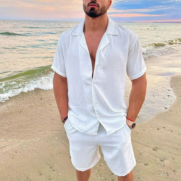 VBTAPA Mens Cotton Linen 2 Piece Outfits Short Sleeve Cuban Shirts and Shorts Set Solid Textured Casual Beach Suit Summer Vacation Matching Sets White XXL