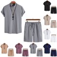 thumbnail image 1 of VBTAPA Mens Cotton Track Suits 2 Piece Button T Shirt and Shorts Set Short Sleeve Casual Sweatsuit Solid Casual Summer Outfits with Pockets Wine M, 1 of 4