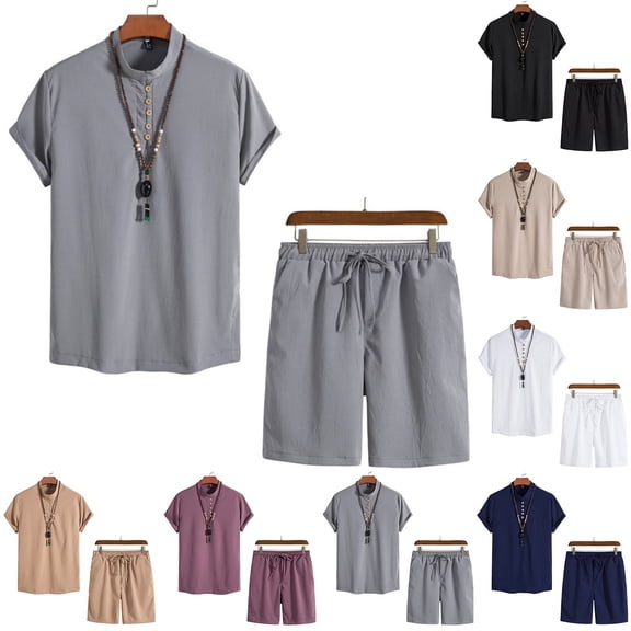 VBTAPA Mens Cotton Track Suits 2 Piece Button T Shirt and Shorts Set Short Sleeve Casual Sweatsuit Solid Casual Summer Outfits with Pockets Wine M