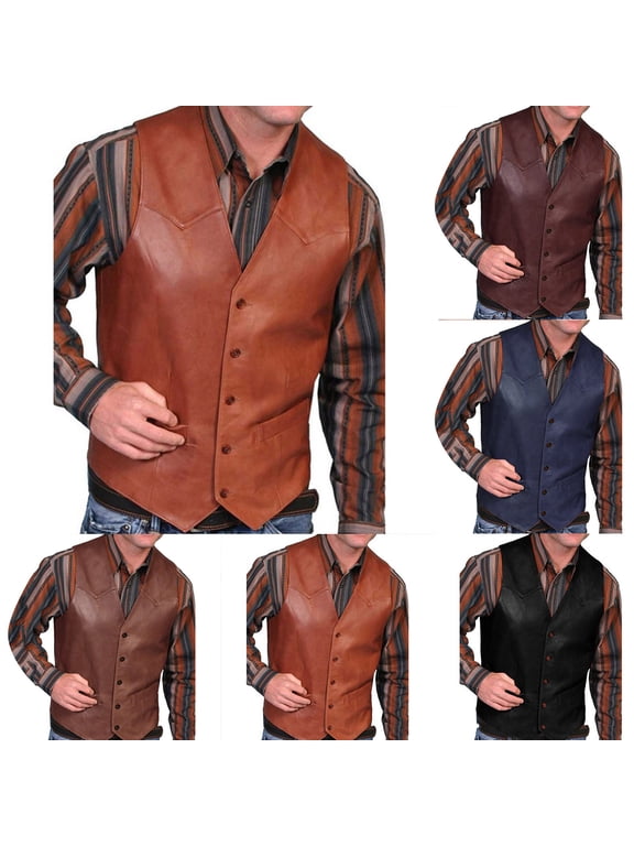 Mens Faux Leather Suit Vests Casual Western Cowboy Vest V-neck Sleeveless Button Down Shirt Jacket Lightweight Waistcoat Coffee M