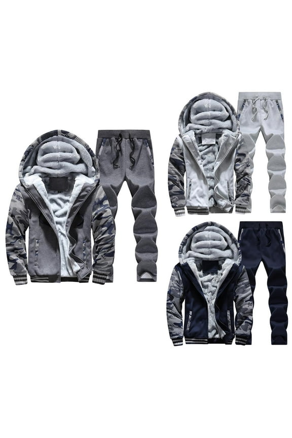 Mens Fleece Lined Tracksuit 2 Piece Casual Athletic Jogging Suits Zip Up Sherpa Hoodie and Drawstring Pants Set Thermal Sweatsuits with Pockets Dark Blue M