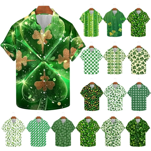 VBTAPA Mens Funky Hawaiian Shirt St. Patrick's Day Shamrock Printed Short Sleeve Button Down Beach Shirts Summer Casual Aloha Floral Shirt Clearance Sale Green XXXL