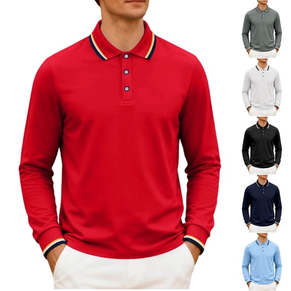 VBTAPA Mens Golf Polos Shirts Long Sleeve Moisture Wicking Casual Tennis Polos Color Contrast Collared Shirt White S
