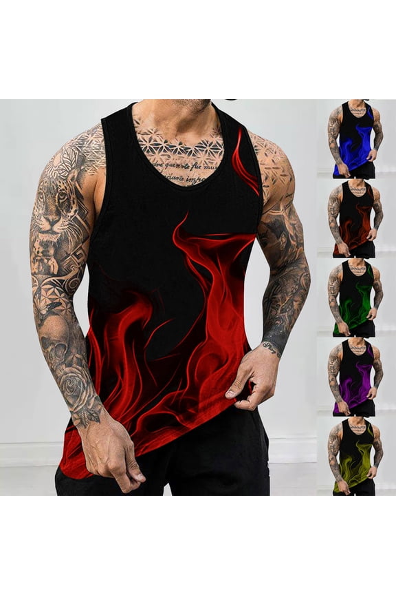 Mens Graphic Tank Top Novelty 3D Flame Print Sleeveless T-shirt Big and Tall Casual Workout Shirts Stretch Tank Undershirts Purple XL