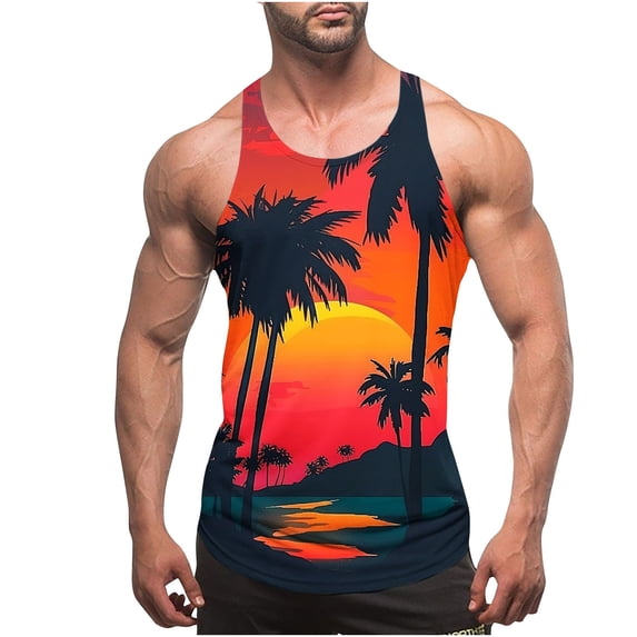 VBTAPA Mens Graphic Tank Tops Sleeveless Muscle Shirts Beach Palm Tree Hawaiian Gym Workout Tanks Red L