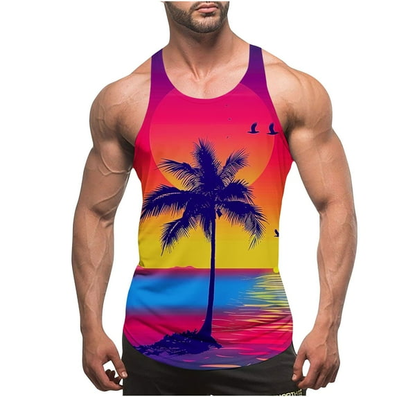 VBTAPA Mens Graphic Tank Tops Sleeveless Workout Gym Shirts Beach Hawaiian Coconut Tree Style T-Shirt Multicolor L