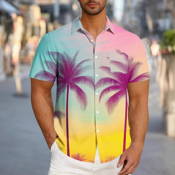 VBTAPA Mens Hawaiian Floral Shirt Short Sleeve Palm Tree Printed Button Down Shirts Summer Beach Vacation Tops Pink M