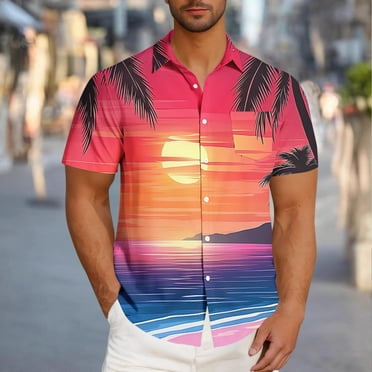 VBTAPA Mens Hawaiian Floral Shirt Short Sleeve Palm Tree Printed Button Down Shirts Summer Beach Vacation Tops Pink XXXXXL